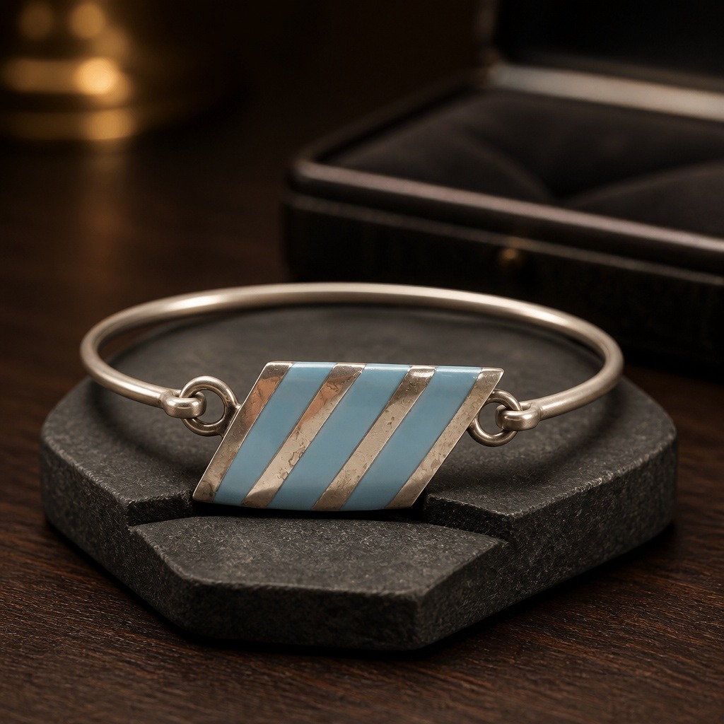 Vintage Mexican Sterling Silver Enamel Striped Bangle Bracelet Blue Geometric